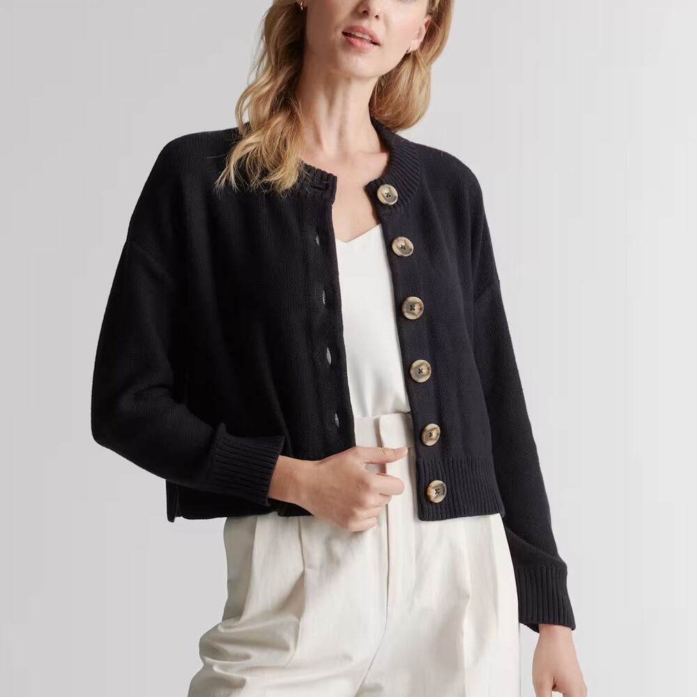 Quince (S) Organic Cotton Cropped Cardigan Black Button Front Quiet Luxury